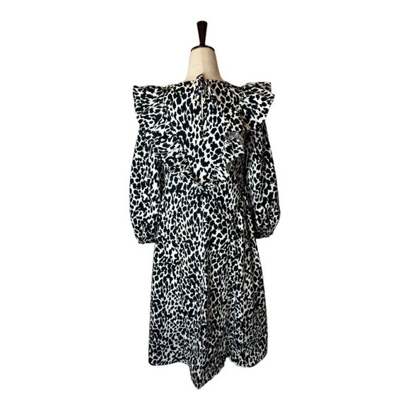 Sandy Liang Dress Women XXS Black White Cotton Leopard Print Ruffle Midi NWT - Picture 4 of 15
